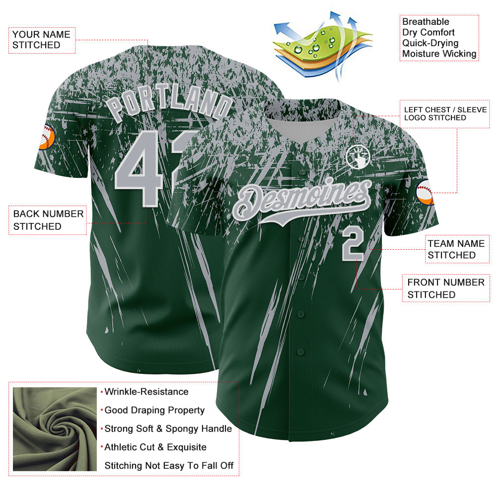 Custom Green Gray-White Distressed Scratch Brush Stroke Authentic Baseball Jersey view 3