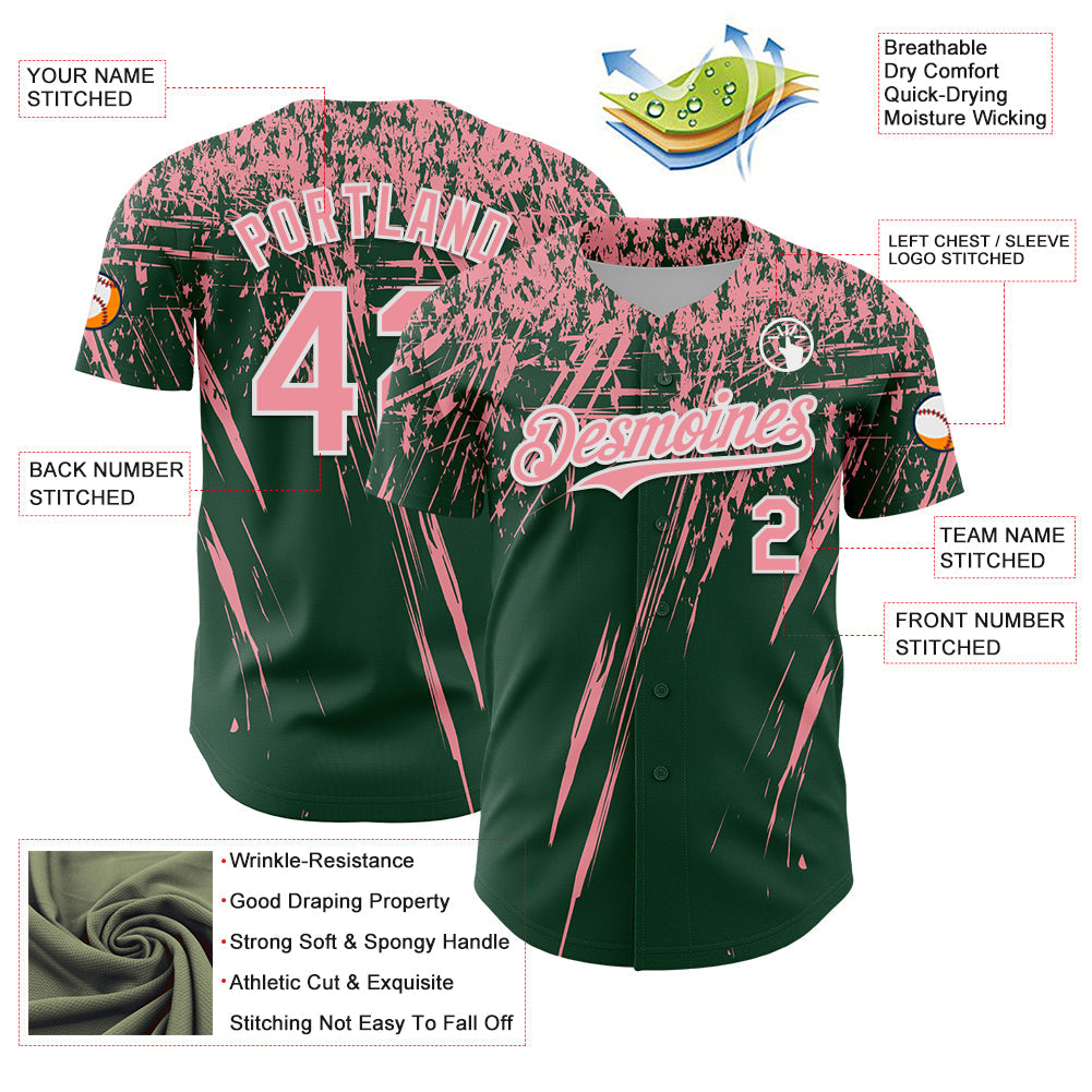 Custom Green Medium Pink-White Distressed Scratch Brush Stroke Authentic Baseball Jersey view 3