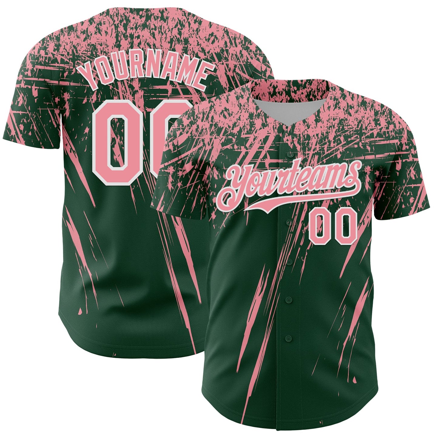 Custom Green Medium Pink-White Distressed Scratch Brush Stroke Authentic Baseball Jersey - Main View