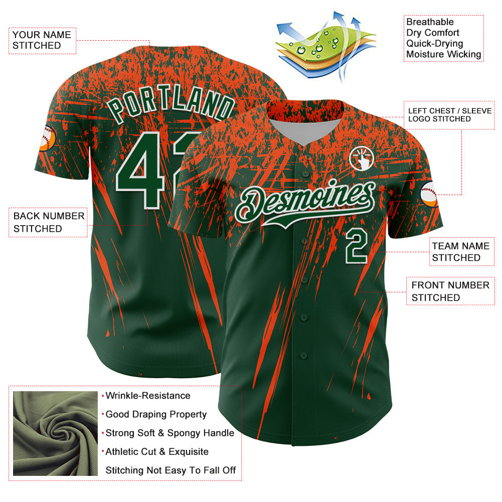 Custom Green Orange-White Distressed Scratch Brush Stroke Authentic Baseball Jersey view 3