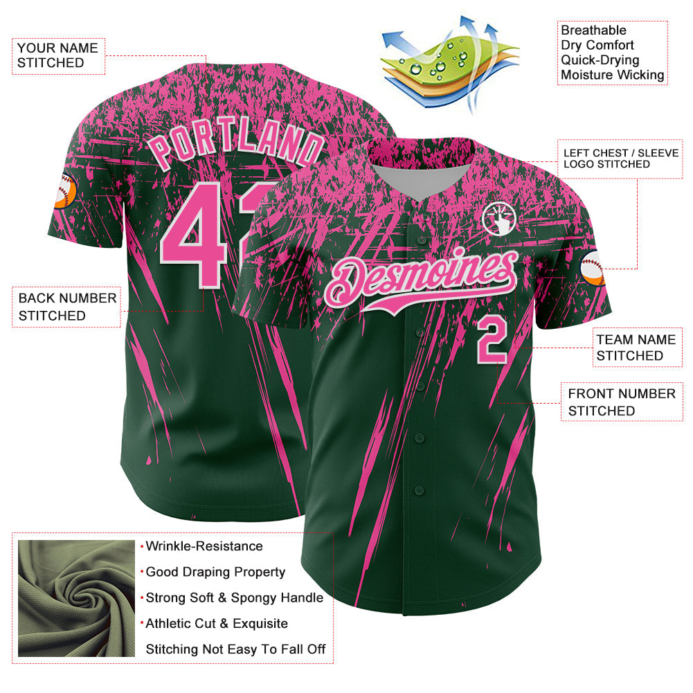 Custom Green Pink-White Distressed Scratch Brush Stroke Authentic Baseball Jersey view 3