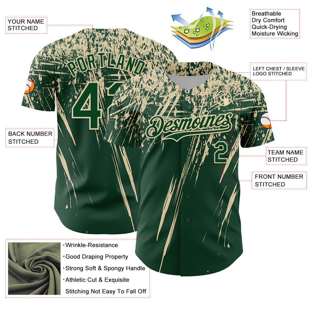 Custom Green Cream Distressed Scratch Brush Stroke Authentic Baseball Jersey view 3