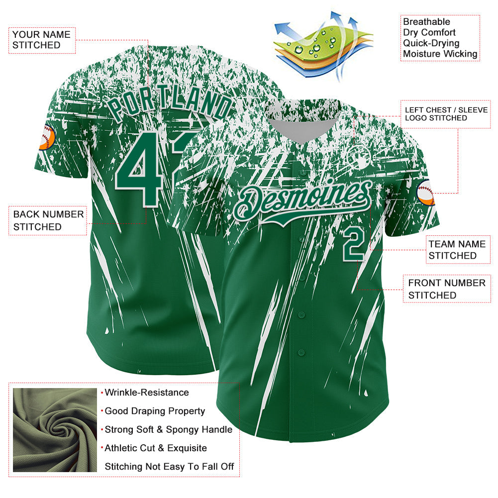 Custom Kelly Green White Distressed Scratch Brush Stroke Authentic Baseball Jersey view 3