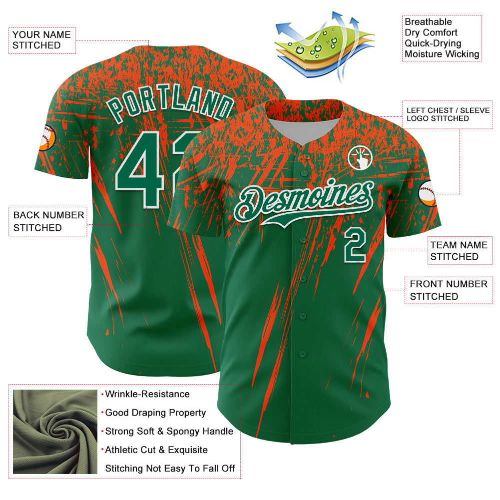 Custom Kelly Green Orange-White Distressed Scratch Brush Stroke Authentic Baseball Jersey view 3