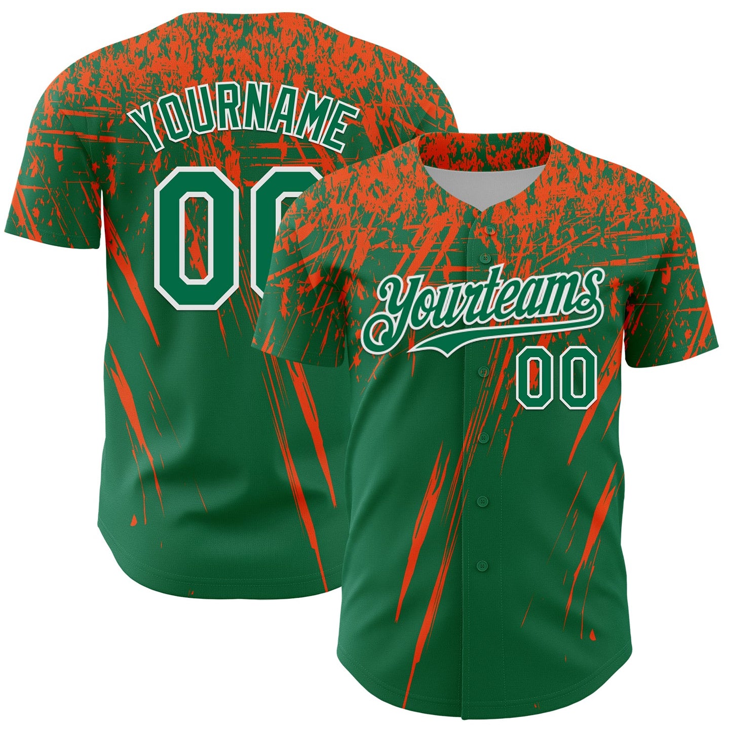 Custom Kelly Green Orange-White Distressed Scratch Brush Stroke Authentic Baseball Jersey - Main View
