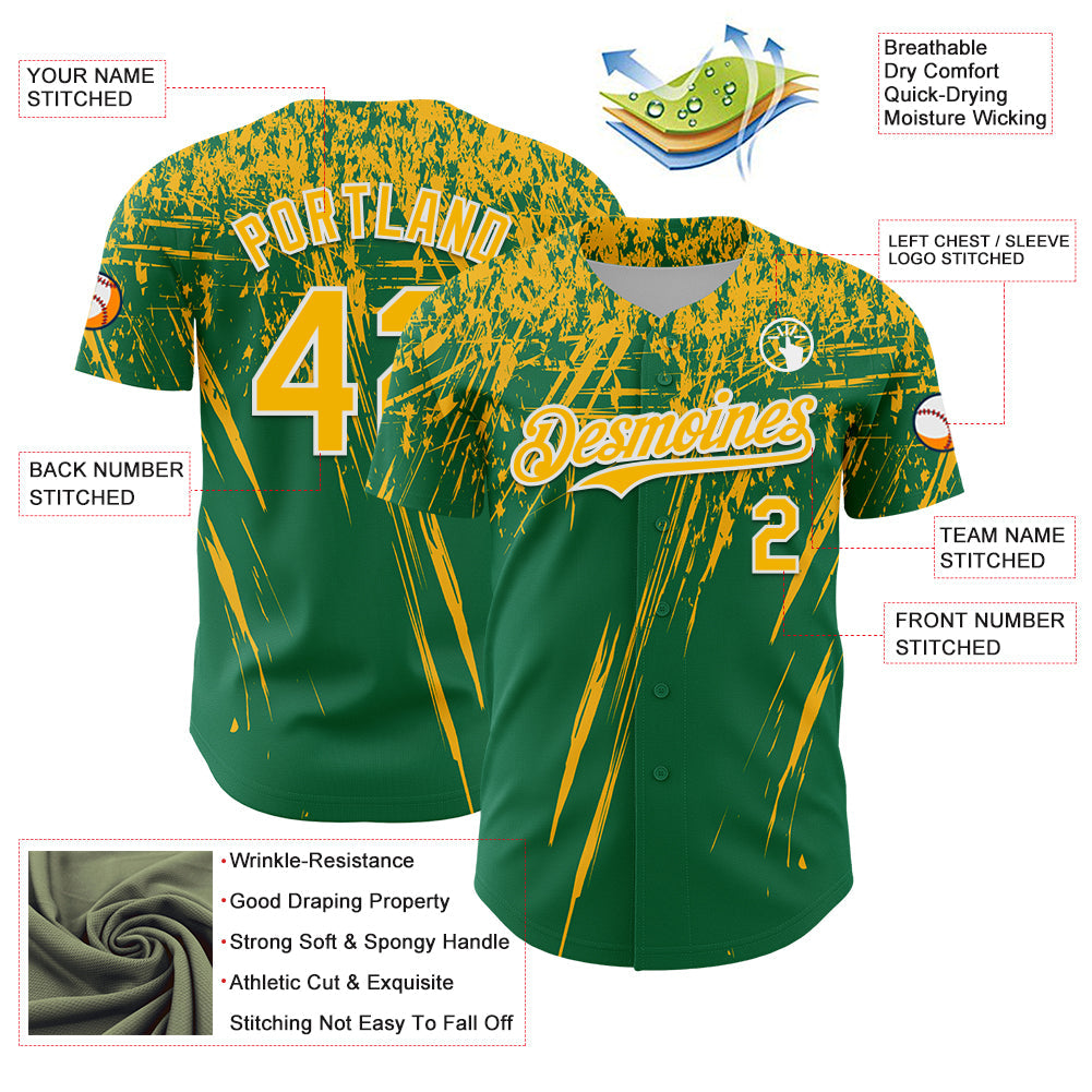 Custom Kelly Green Gold-White Distressed Scratch Brush Stroke Authentic Baseball Jersey view 3