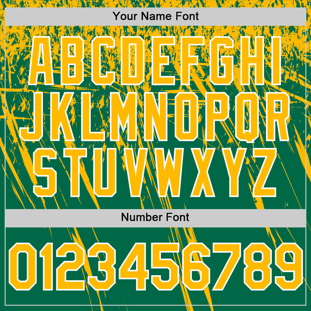 Custom Kelly Green Gold-White Distressed Scratch Brush Stroke Authentic Baseball Jersey view 5