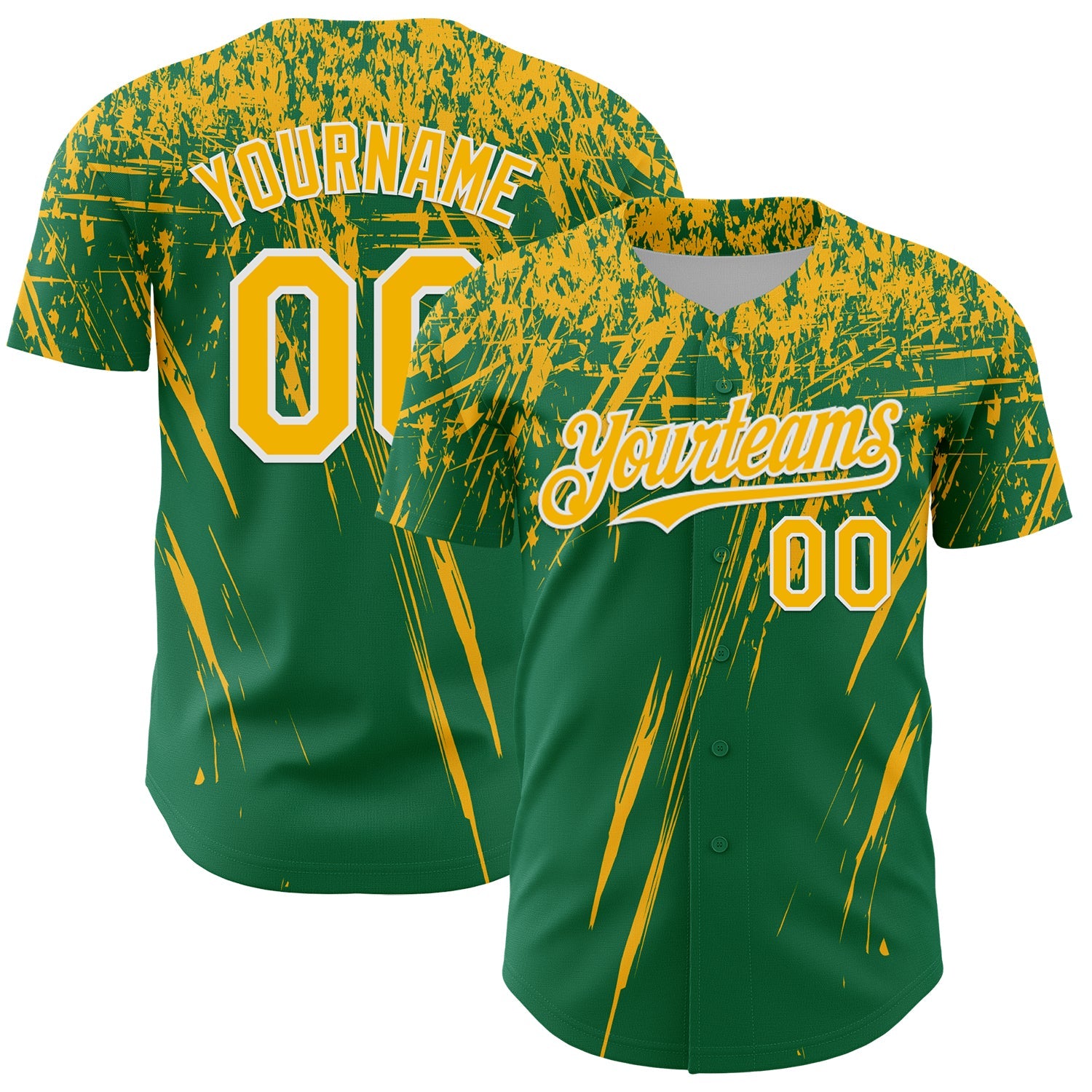 Custom Kelly Green Gold-White Distressed Scratch Brush Stroke Authentic Baseball Jersey - Main View