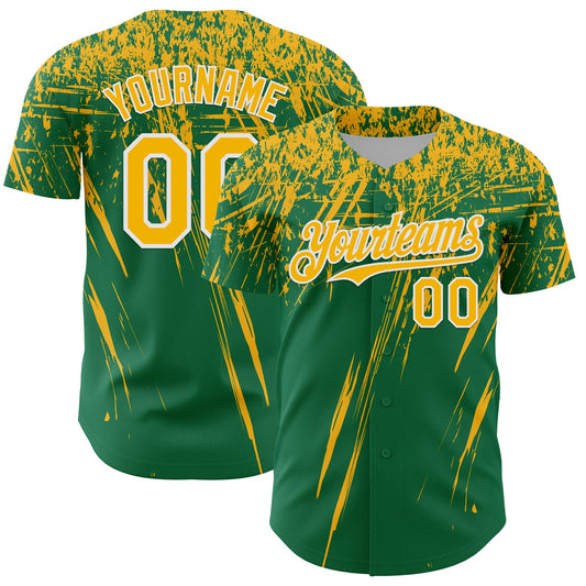 Custom Kelly Green Gold-White Distressed Scratch Brush Stroke Authentic Baseball Jersey - Main View