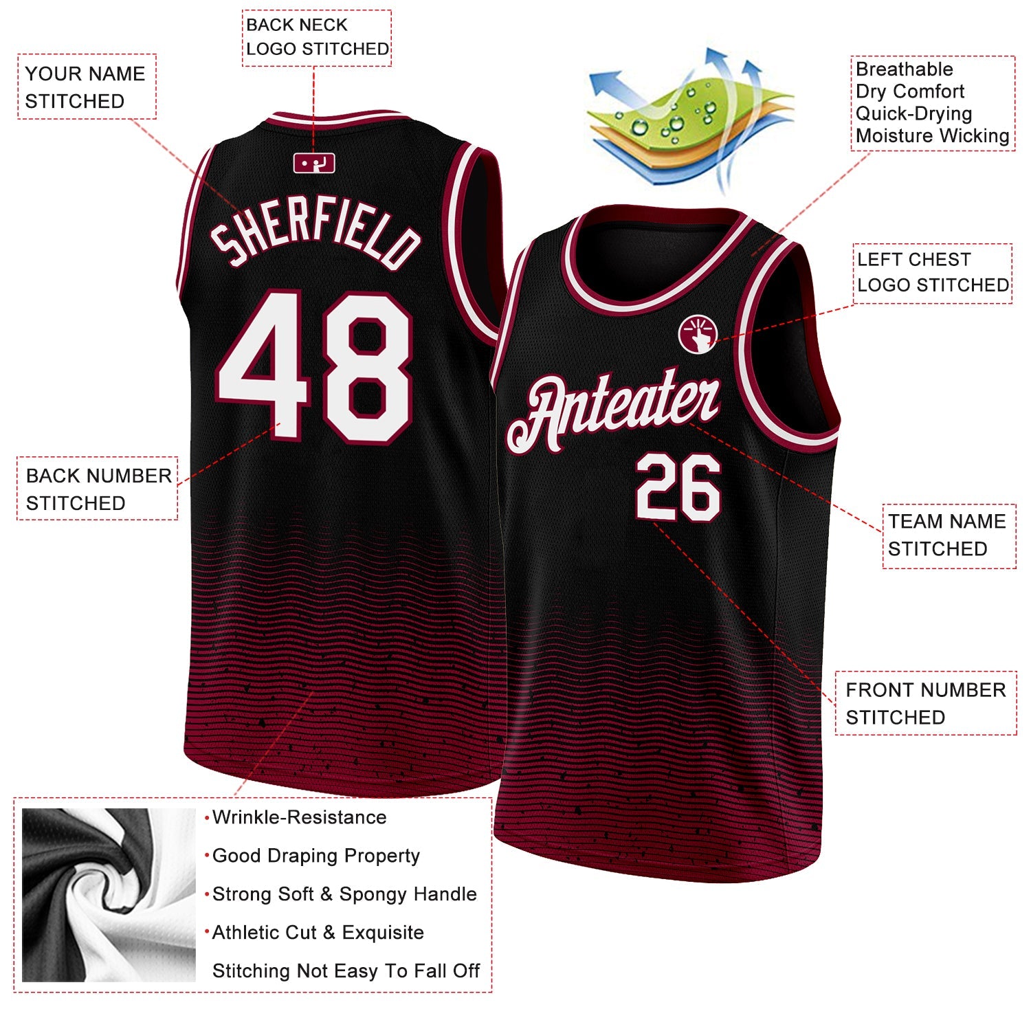 Custom Black White-Maroon Fade Fashion Authentic City Edition Basketball Jersey view 3