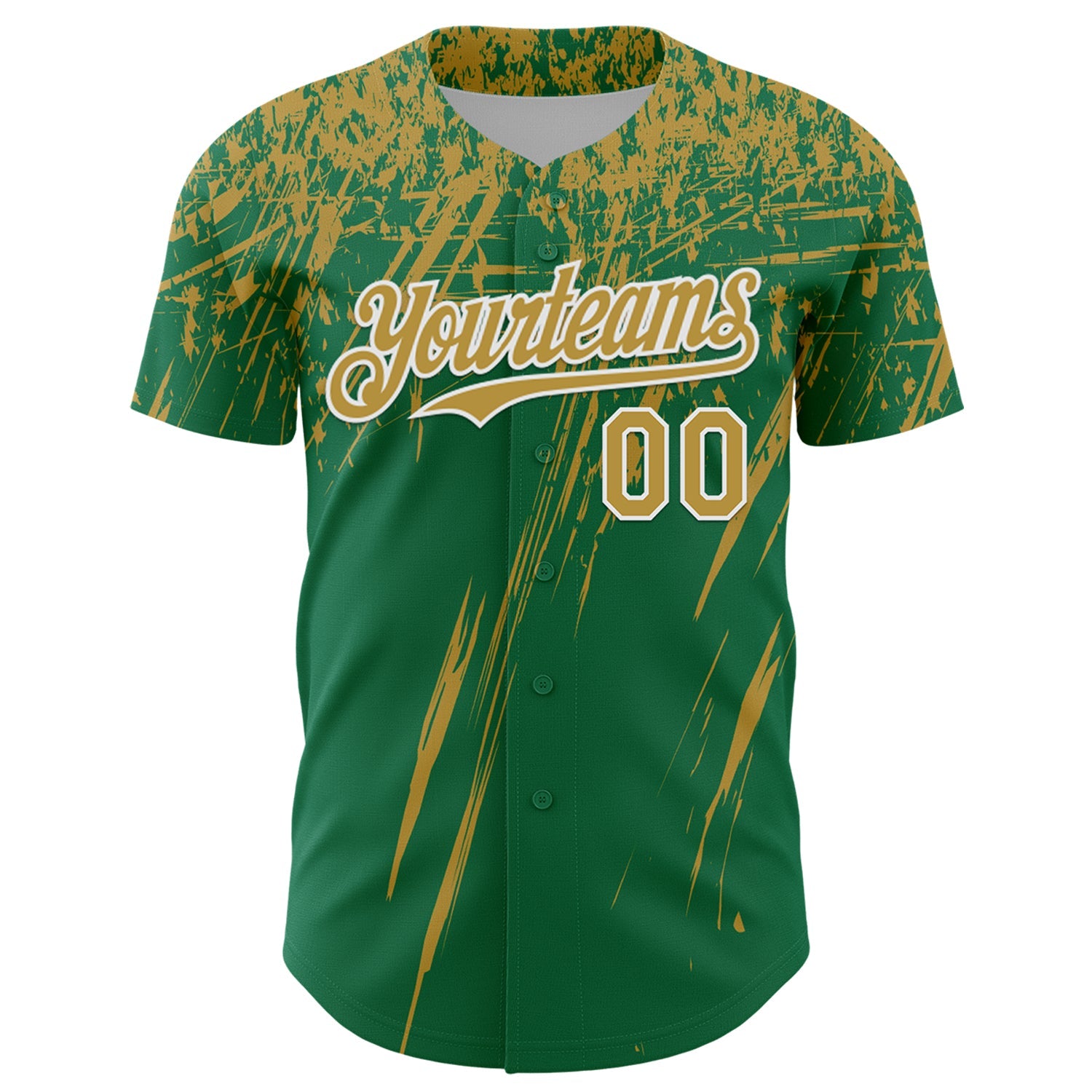 Custom Kelly Green Old Gold-White Distressed Scratch Brush Stroke Authentic Baseball Jersey view 2