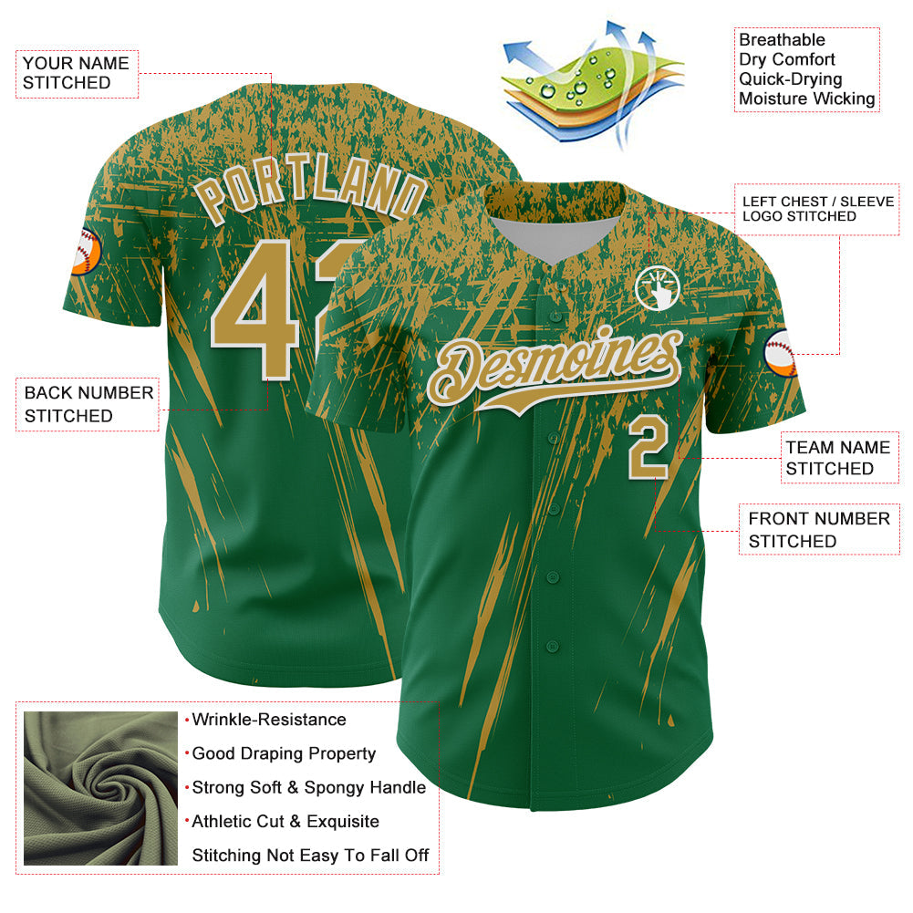 Custom Kelly Green Old Gold-White Distressed Scratch Brush Stroke Authentic Baseball Jersey view 3