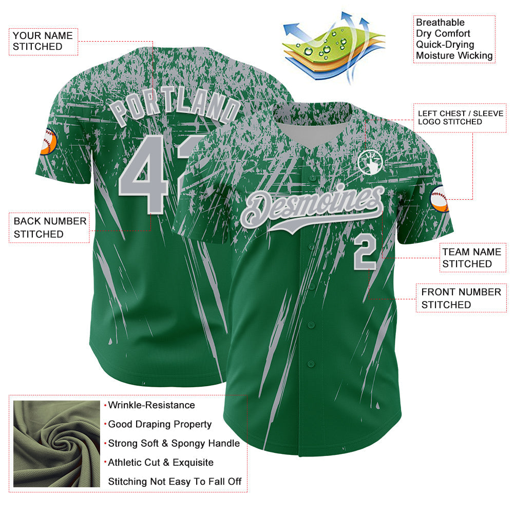 Custom Kelly Green Gray-White Distressed Scratch Brush Stroke Authentic Baseball Jersey view 3