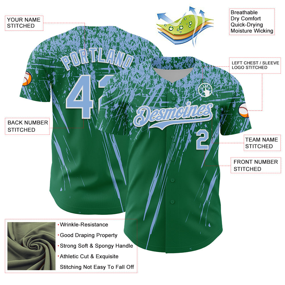 Custom Kelly Green Light Blue-White Distressed Scratch Brush Stroke Authentic Baseball Jersey view 3