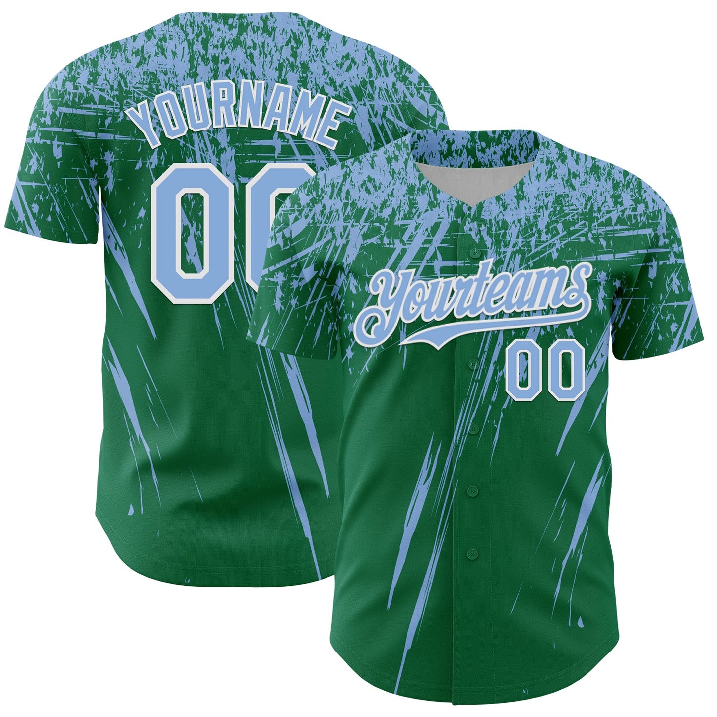 Custom Kelly Green Light Blue-White Distressed Scratch Brush Stroke Authentic Baseball Jersey - Main View