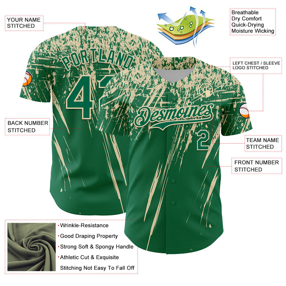 Custom Kelly Green Cream Distressed Scratch Brush Stroke Authentic Baseball Jersey view 3