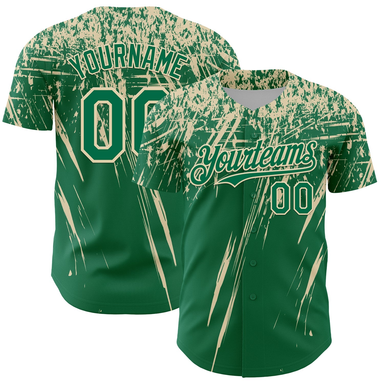 Custom Kelly Green Cream Distressed Scratch Brush Stroke Authentic Baseball Jersey - Main View