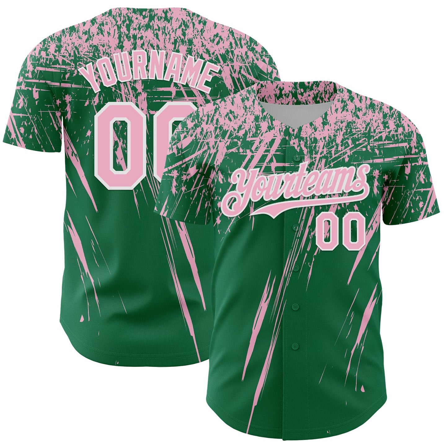 Custom Kelly Green Light Pink-White Distressed Scratch Brush Stroke Authentic Baseball Jersey - Main View