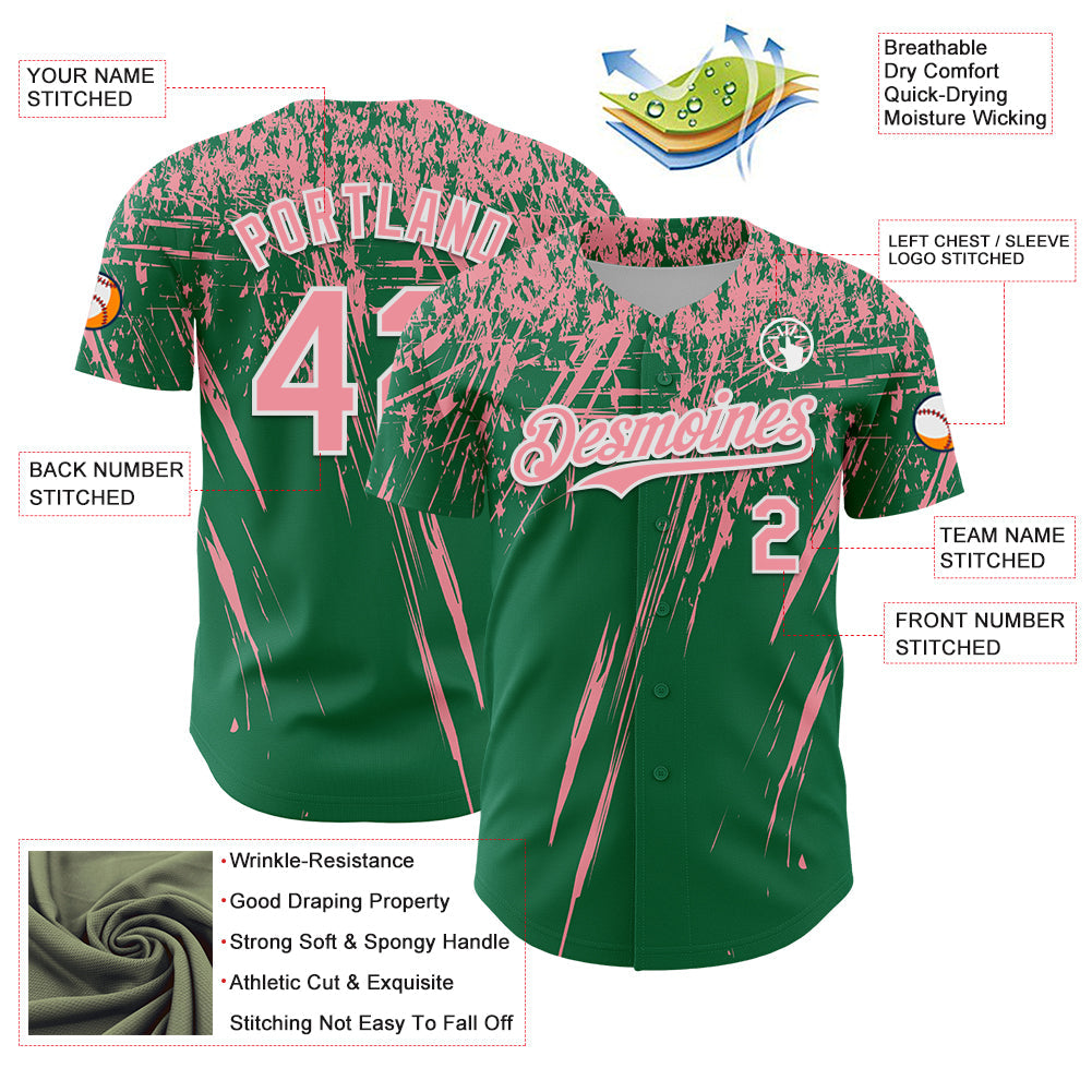Custom Kelly Green Medium Pink-White Distressed Scratch Brush Stroke Authentic Baseball Jersey view 3