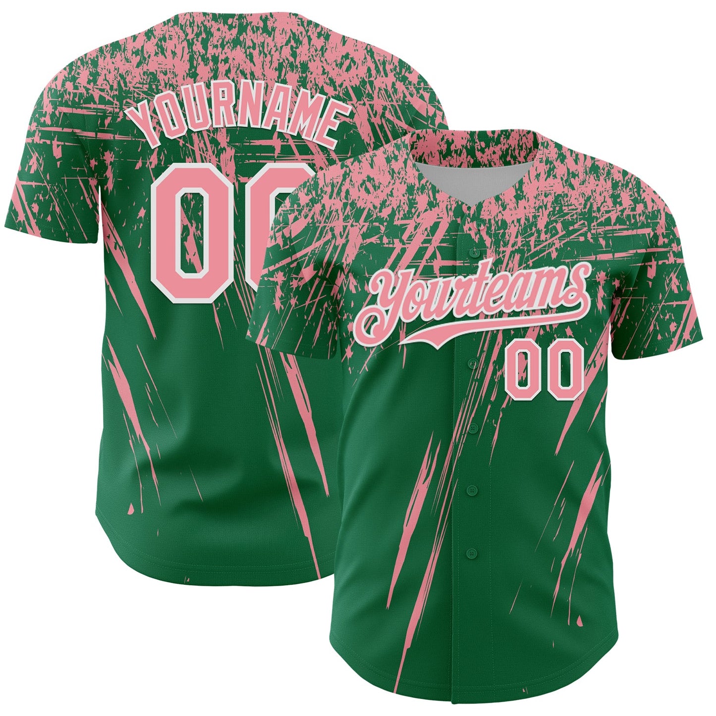 Custom Kelly Green Medium Pink-White Distressed Scratch Brush Stroke Authentic Baseball Jersey - Main View