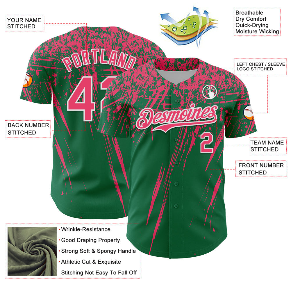Custom Kelly Green Neon Pink-White Distressed Scratch Brush Stroke Authentic Baseball Jersey view 3