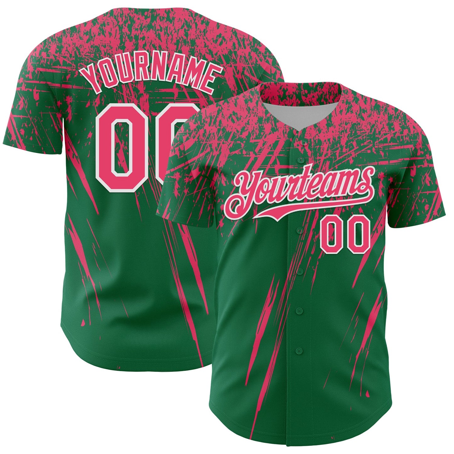 Custom Kelly Green Neon Pink-White Distressed Scratch Brush Stroke Authentic Baseball Jersey - Main View