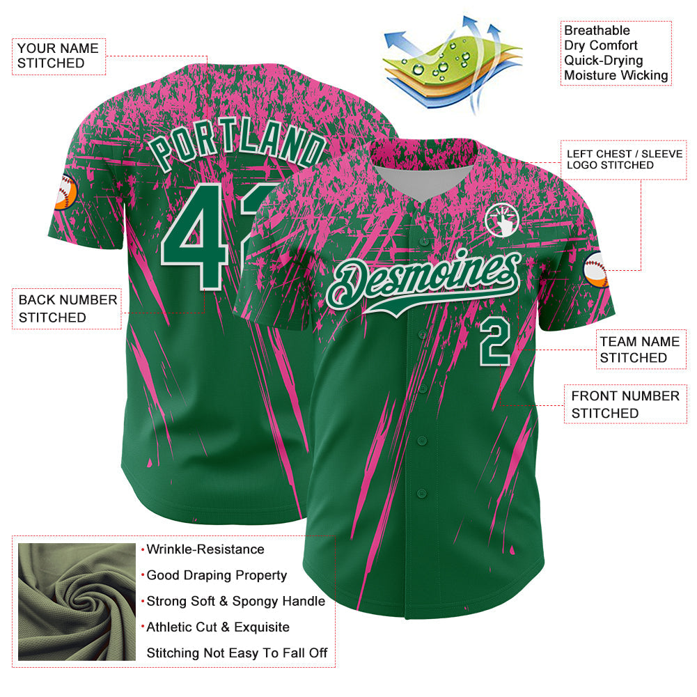 Custom Kelly Green Pink-White Distressed Scratch Brush Stroke Authentic Baseball Jersey view 3