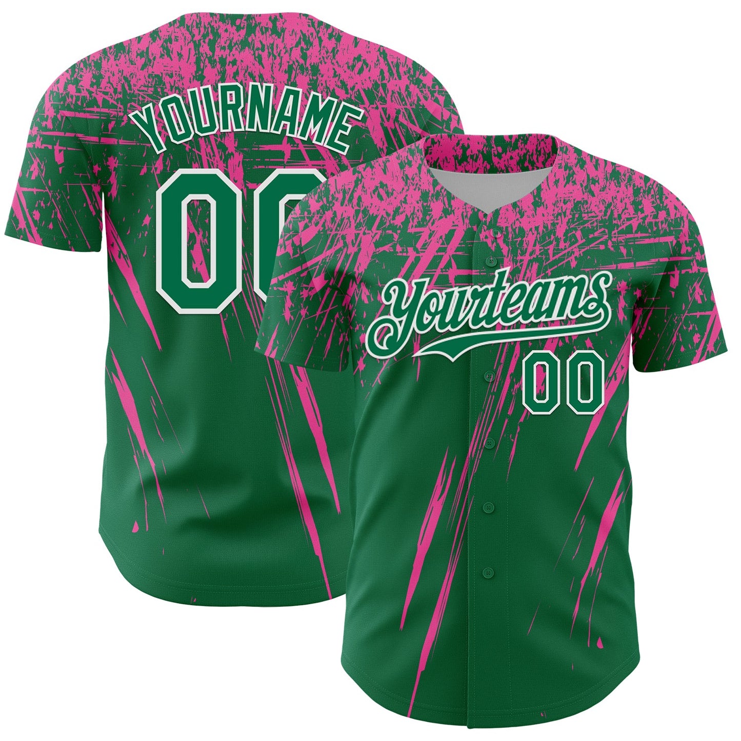 Custom Kelly Green Pink-White Distressed Scratch Brush Stroke Authentic Baseball Jersey - Main View