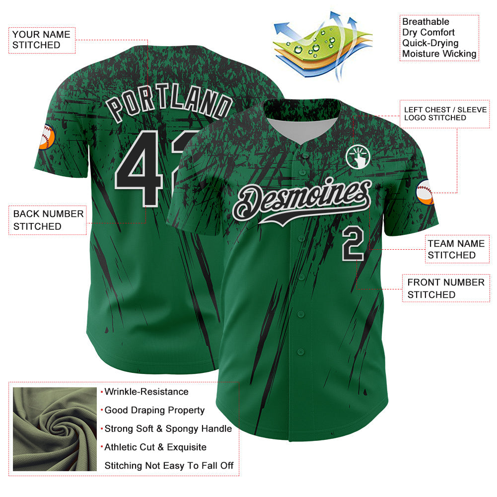 Custom Kelly Green Black-White Distressed Scratch Brush Stroke Authentic Baseball Jersey view 3