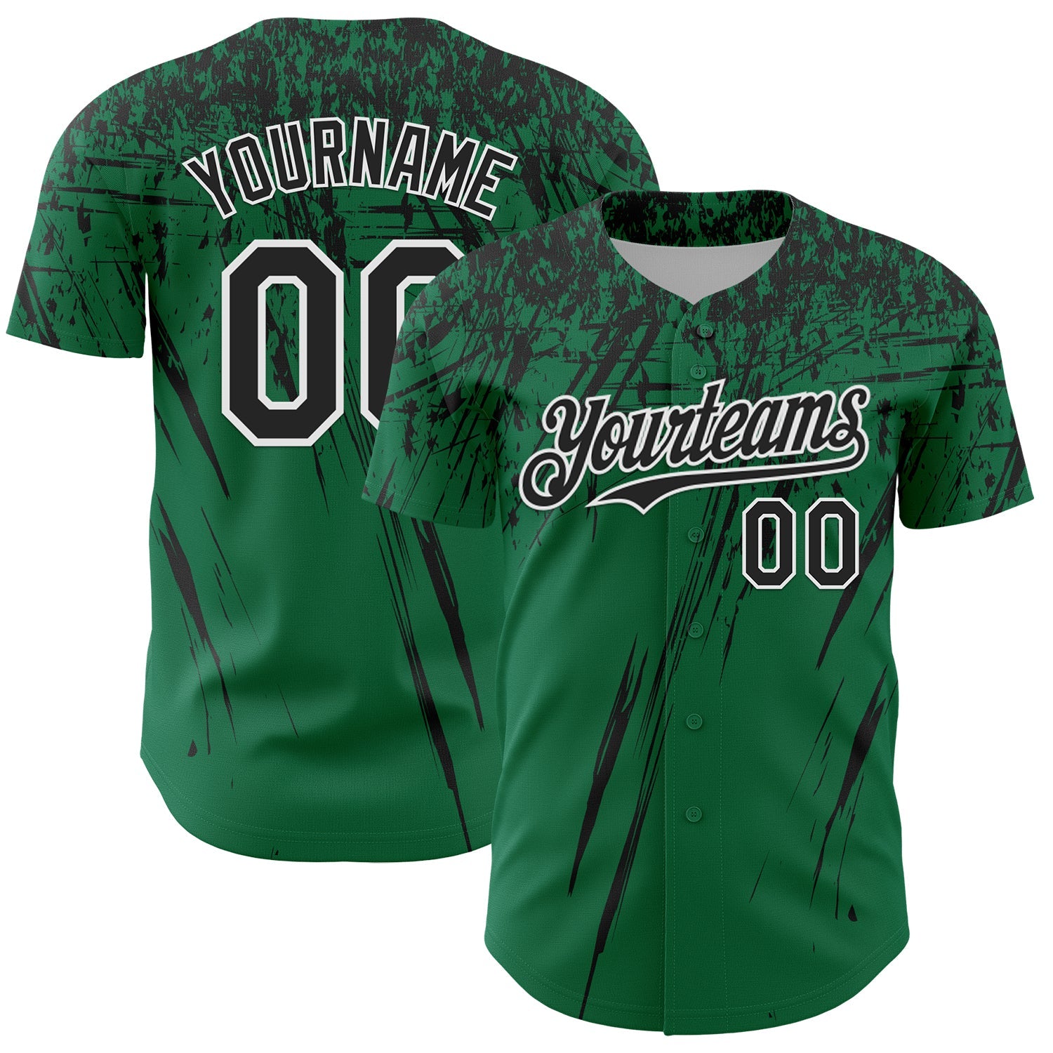 Custom Kelly Green Black-White Distressed Scratch Brush Stroke Authentic Baseball Jersey - Main View