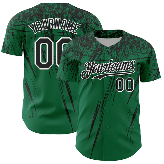 Custom Kelly Green Black-White Distressed Scratch Brush Stroke Authentic Baseball Jersey - Main View