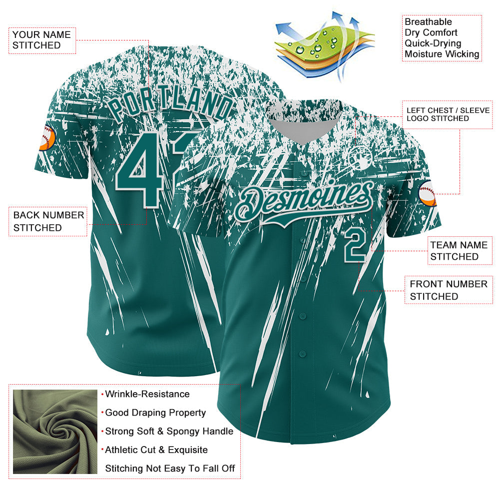 Custom Teal White Distressed Scratch Brush Stroke Authentic Baseball Jersey view 3