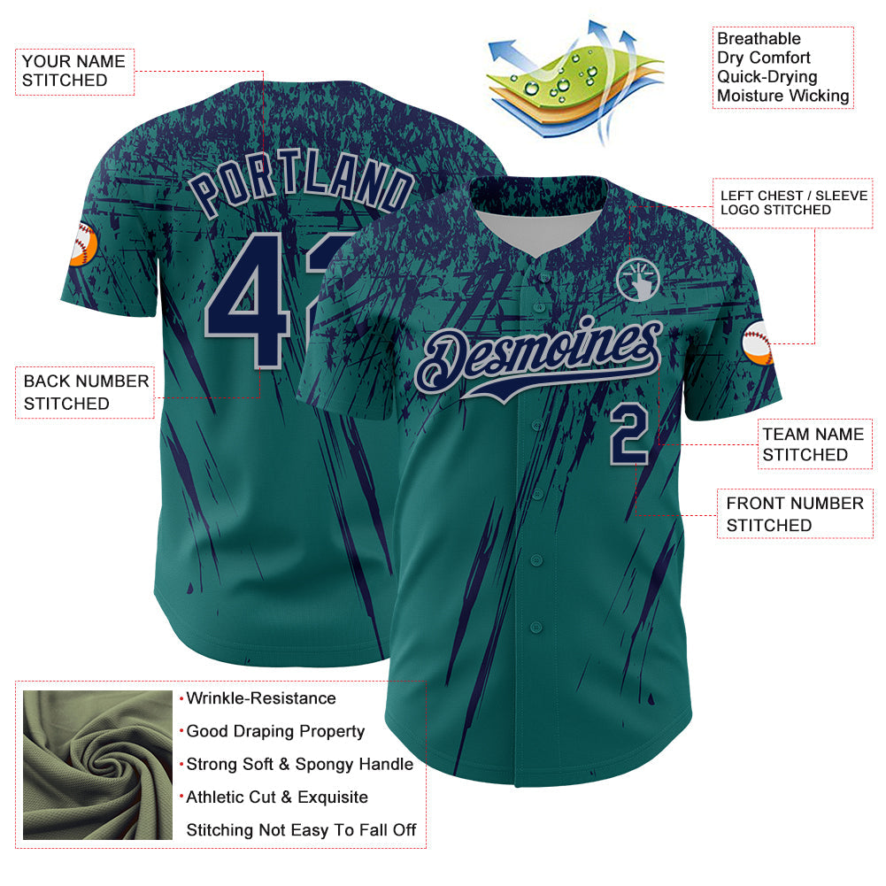Custom Teal Navy-Gray Distressed Scratch Brush Stroke Authentic Baseball Jersey view 3