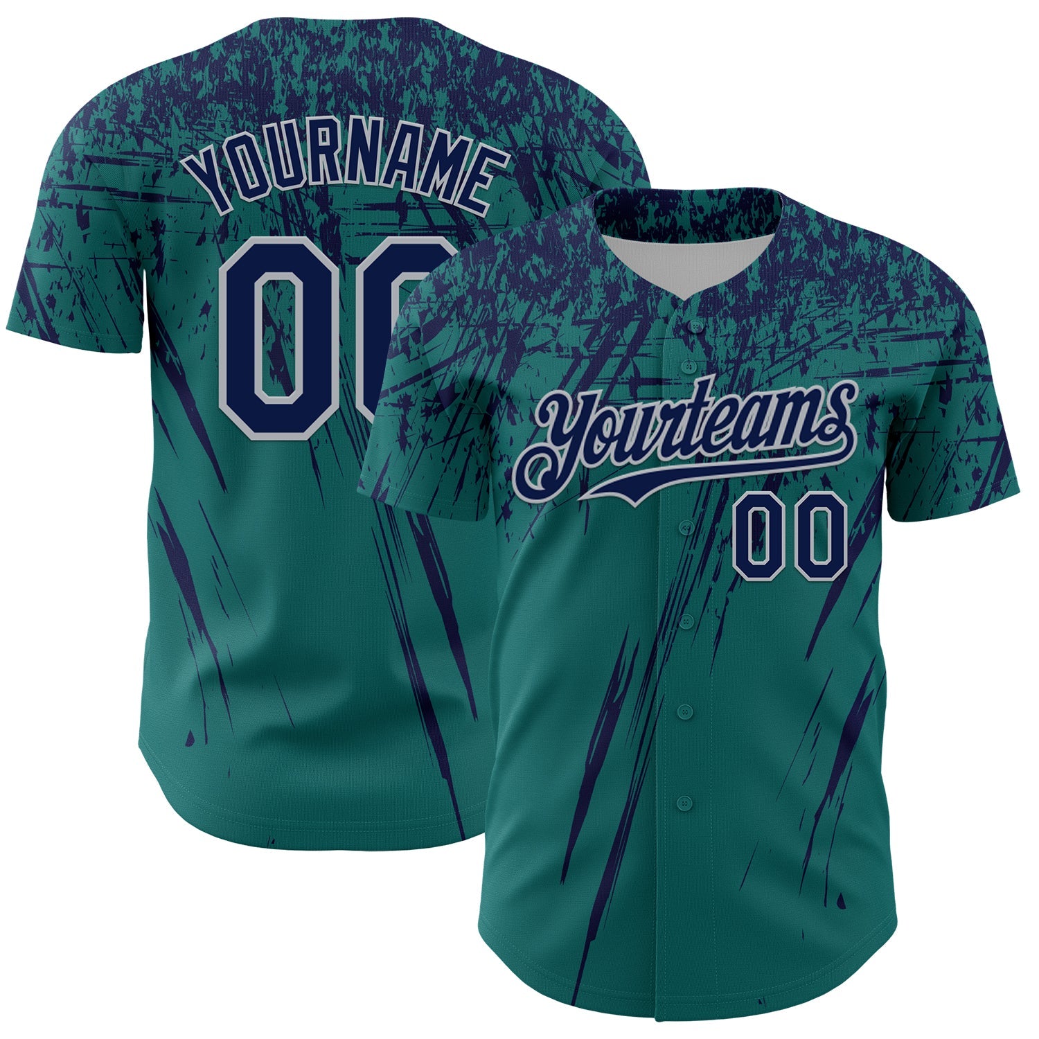 Custom Teal Navy-Gray Distressed Scratch Brush Stroke Authentic Baseball Jersey - Main View