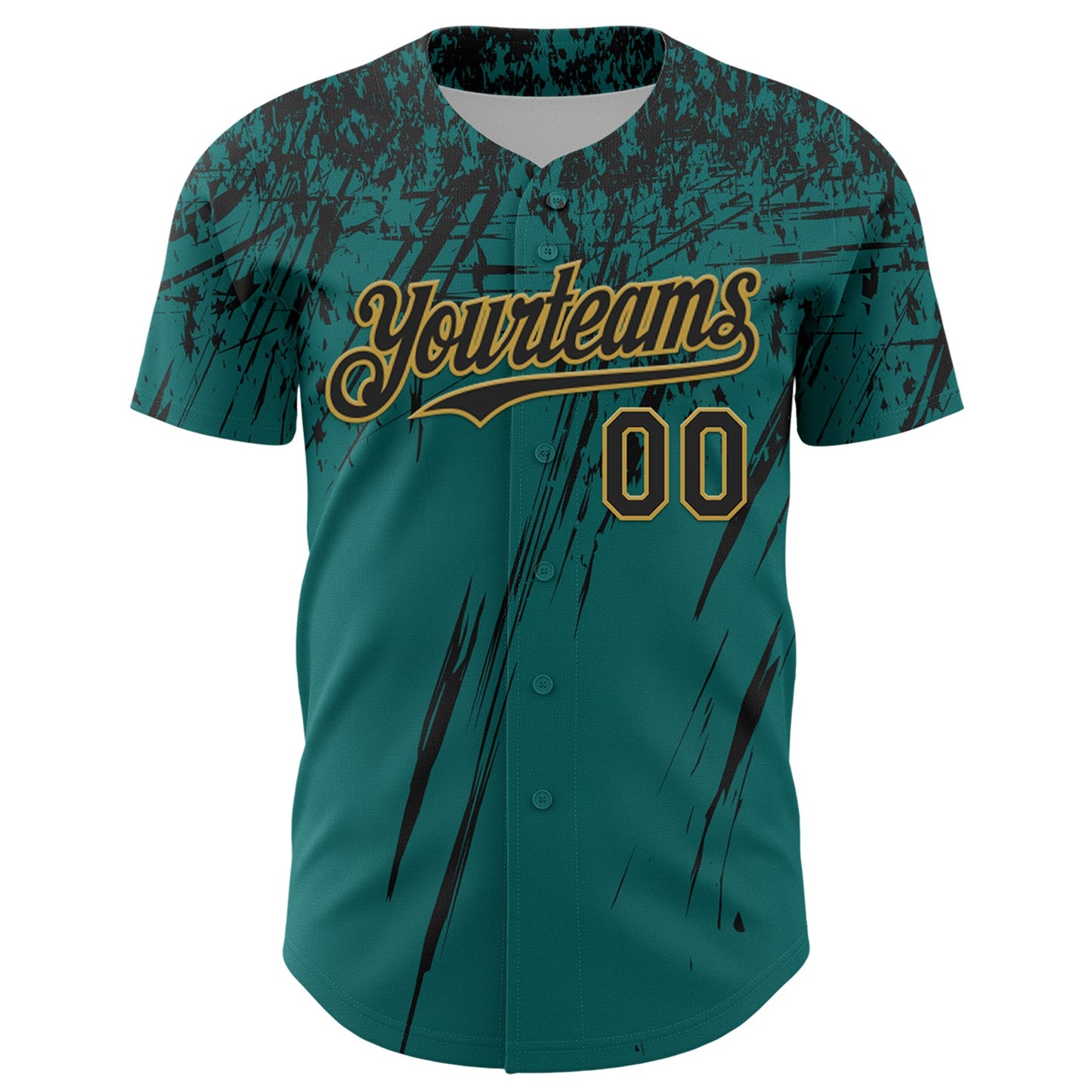 Custom Teal Black-Old Gold Distressed Scratch Brush Stroke Authentic Baseball Jersey view 2