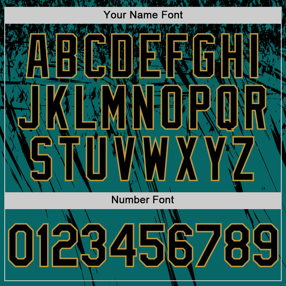 Custom Teal Black-Old Gold Distressed Scratch Brush Stroke Authentic Baseball Jersey view 5