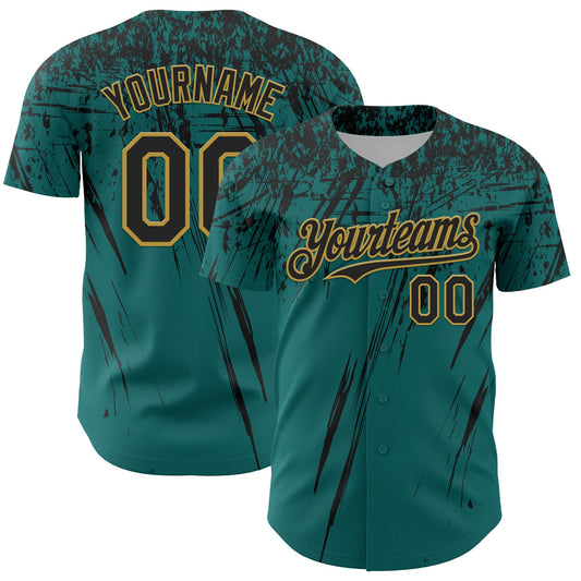 Custom Teal Black-Old Gold Distressed Scratch Brush Stroke Authentic Baseball Jersey - Main View