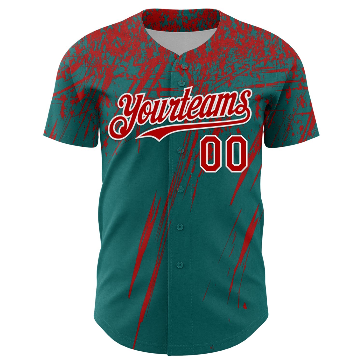 Custom Teal Red-White Distressed Scratch Brush Stroke Authentic Baseball Jersey view 2
