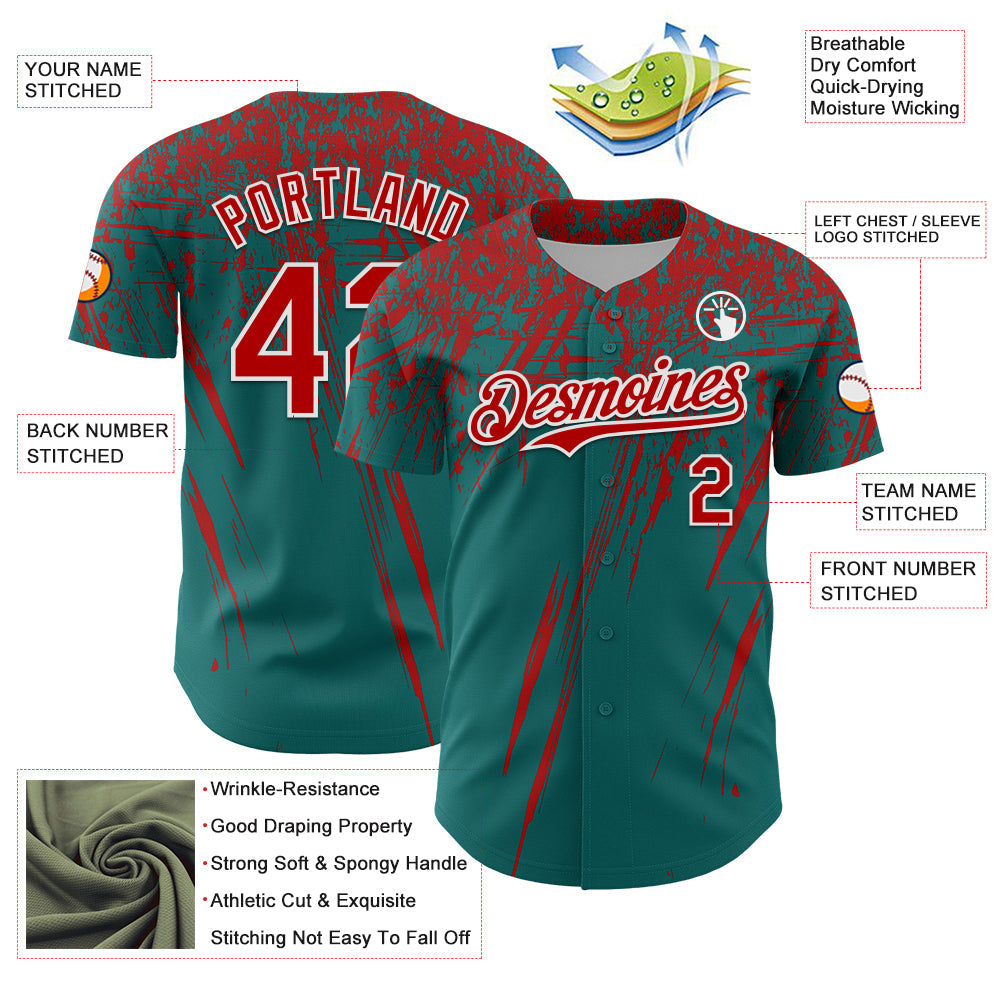 Custom Teal Red-White Distressed Scratch Brush Stroke Authentic Baseball Jersey view 3