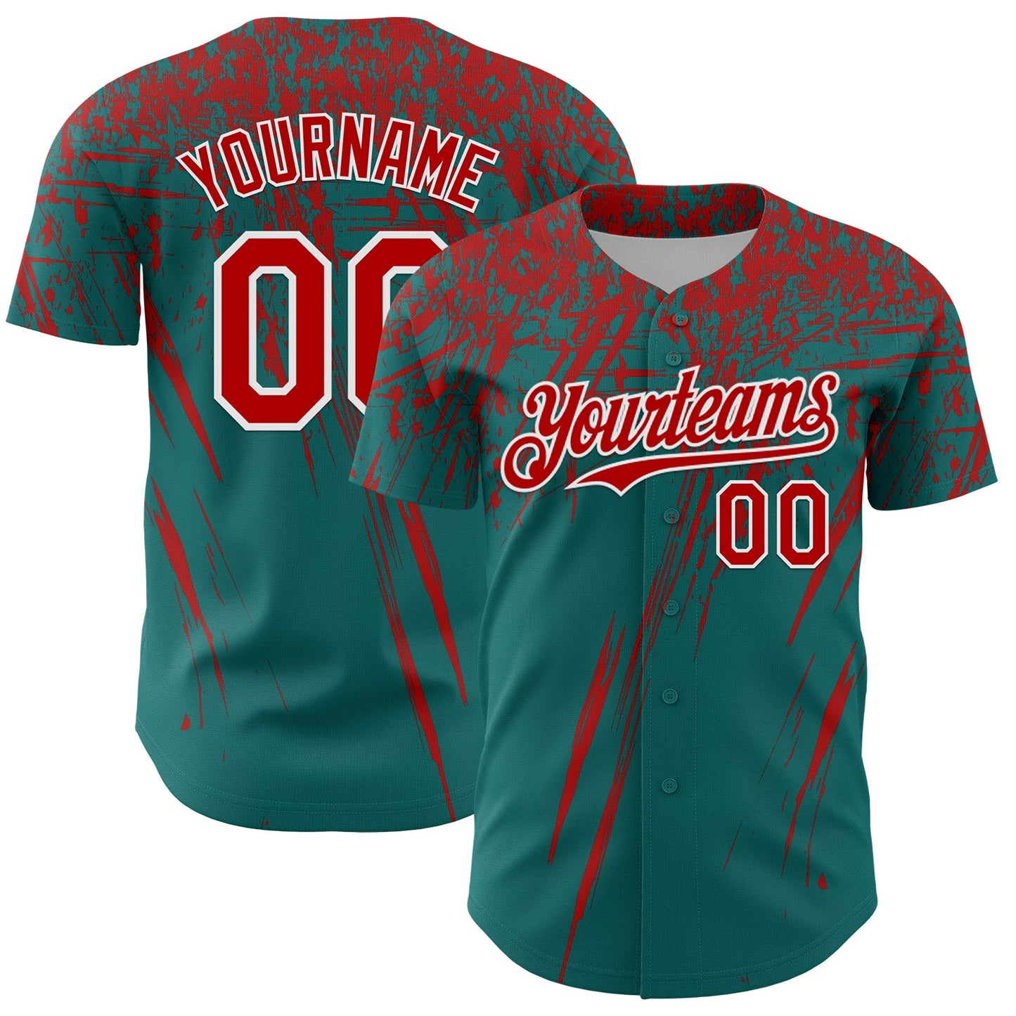 Custom Teal Red-White Distressed Scratch Brush Stroke Authentic Baseball Jersey - Main View