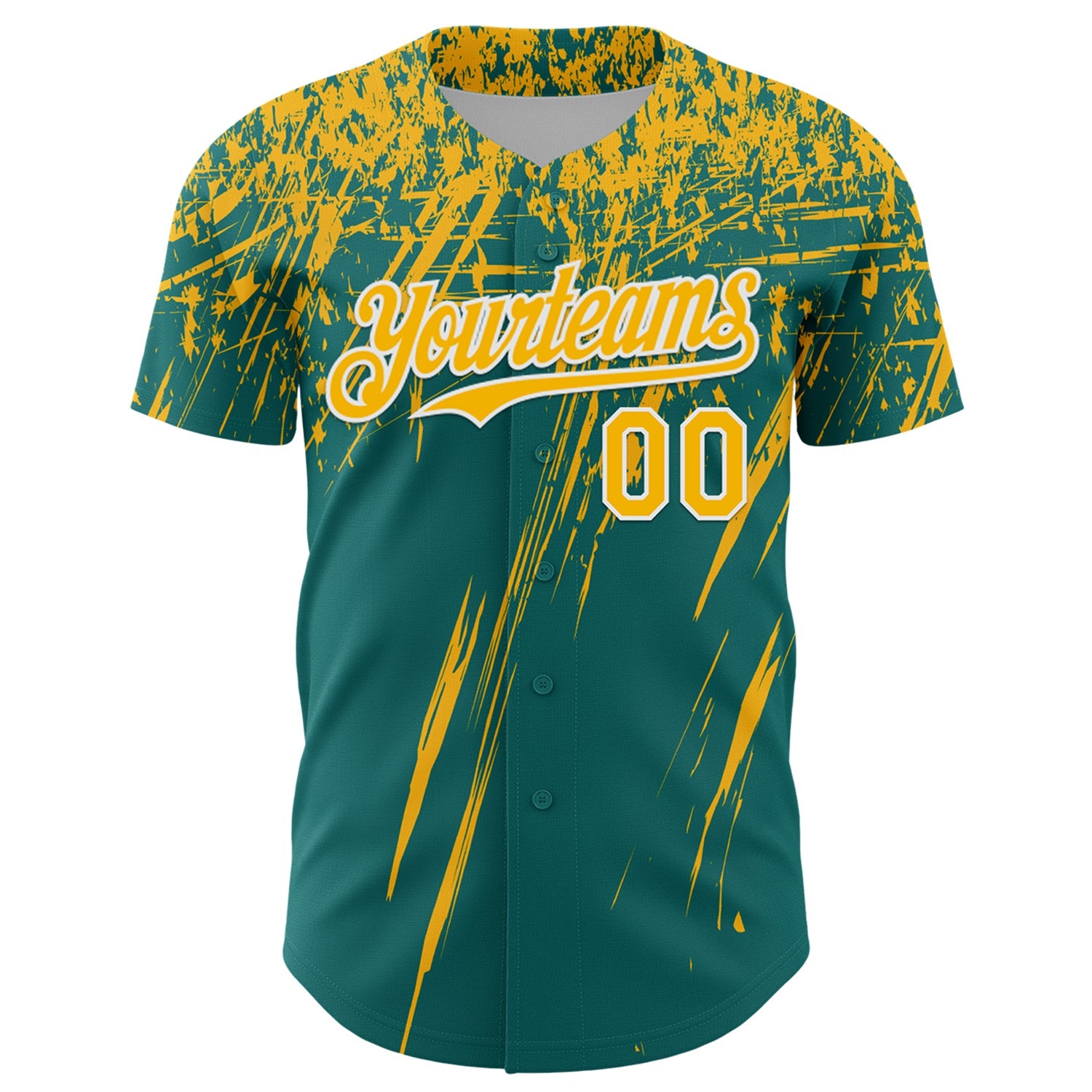 Custom Teal Gold-White Distressed Scratch Brush Stroke Authentic Baseball Jersey view 2
