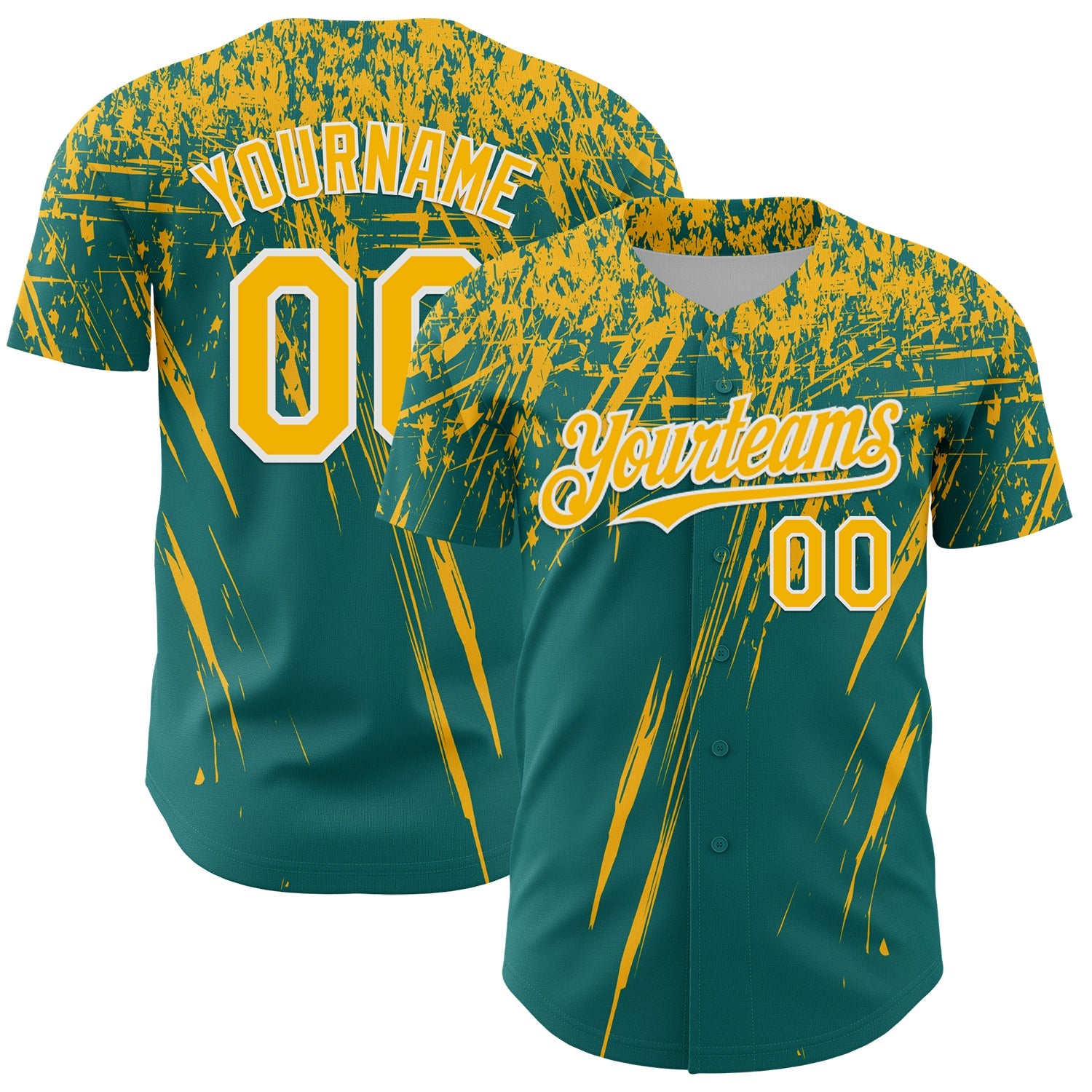 Custom Teal Gold-White Distressed Scratch Brush Stroke Authentic Baseball Jersey - Main View