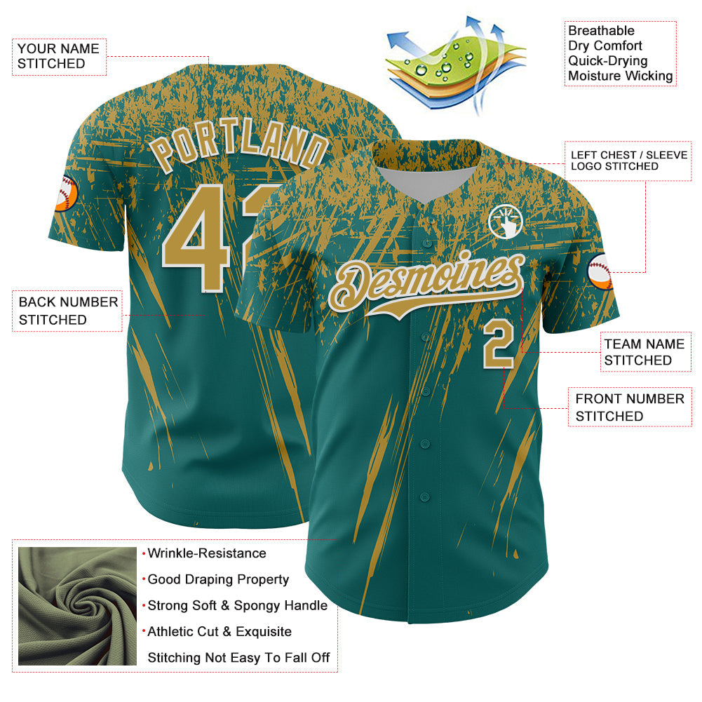 Custom Teal Old Gold-White Distressed Scratch Brush Stroke Authentic Baseball Jersey view 3