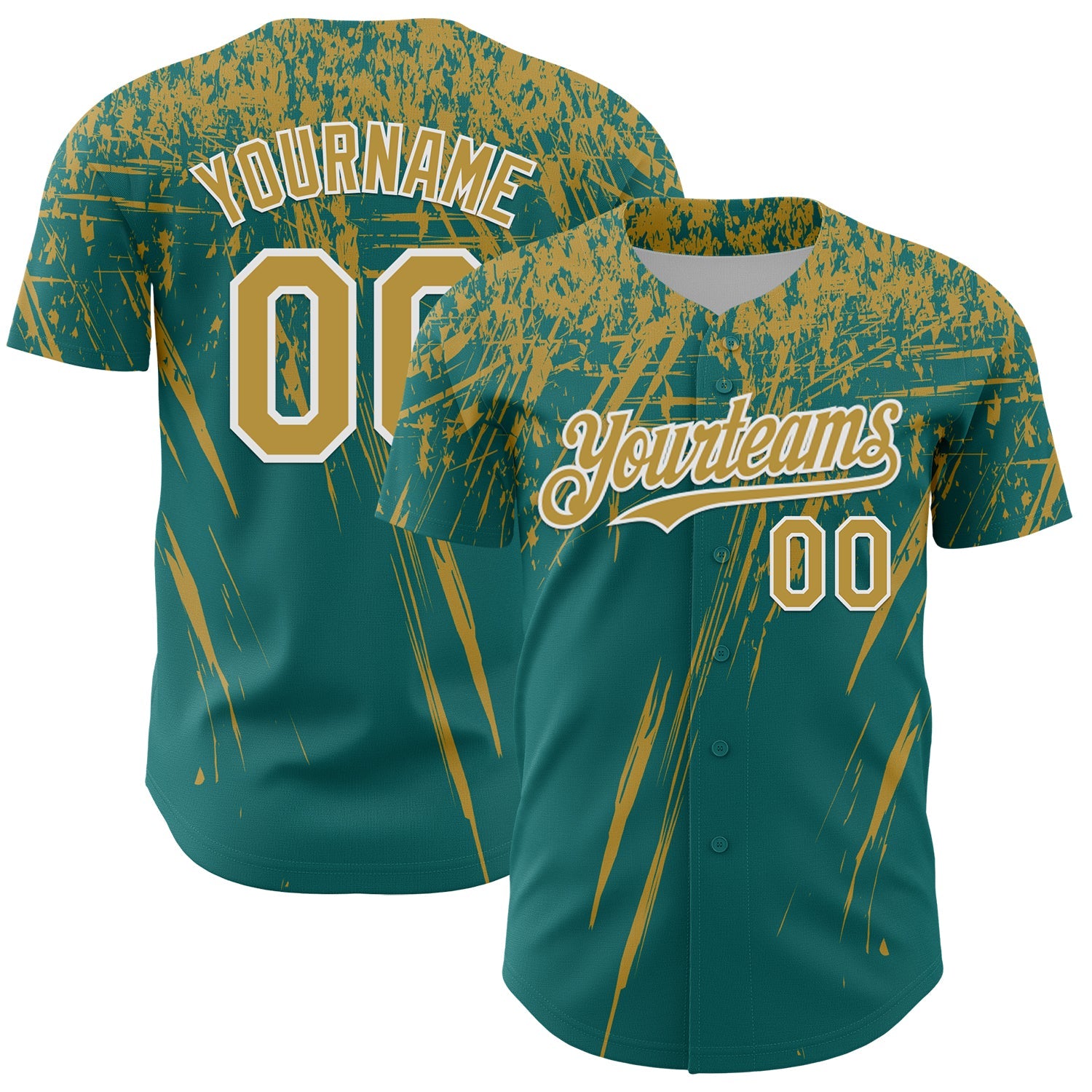 Custom Teal Old Gold-White Distressed Scratch Brush Stroke Authentic Baseball Jersey - Main View