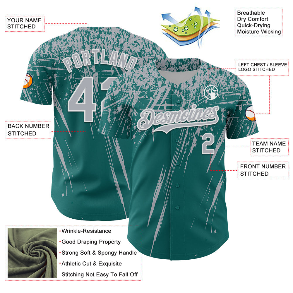 Custom Teal Gray-White Distressed Scratch Brush Stroke Authentic Baseball Jersey view 3