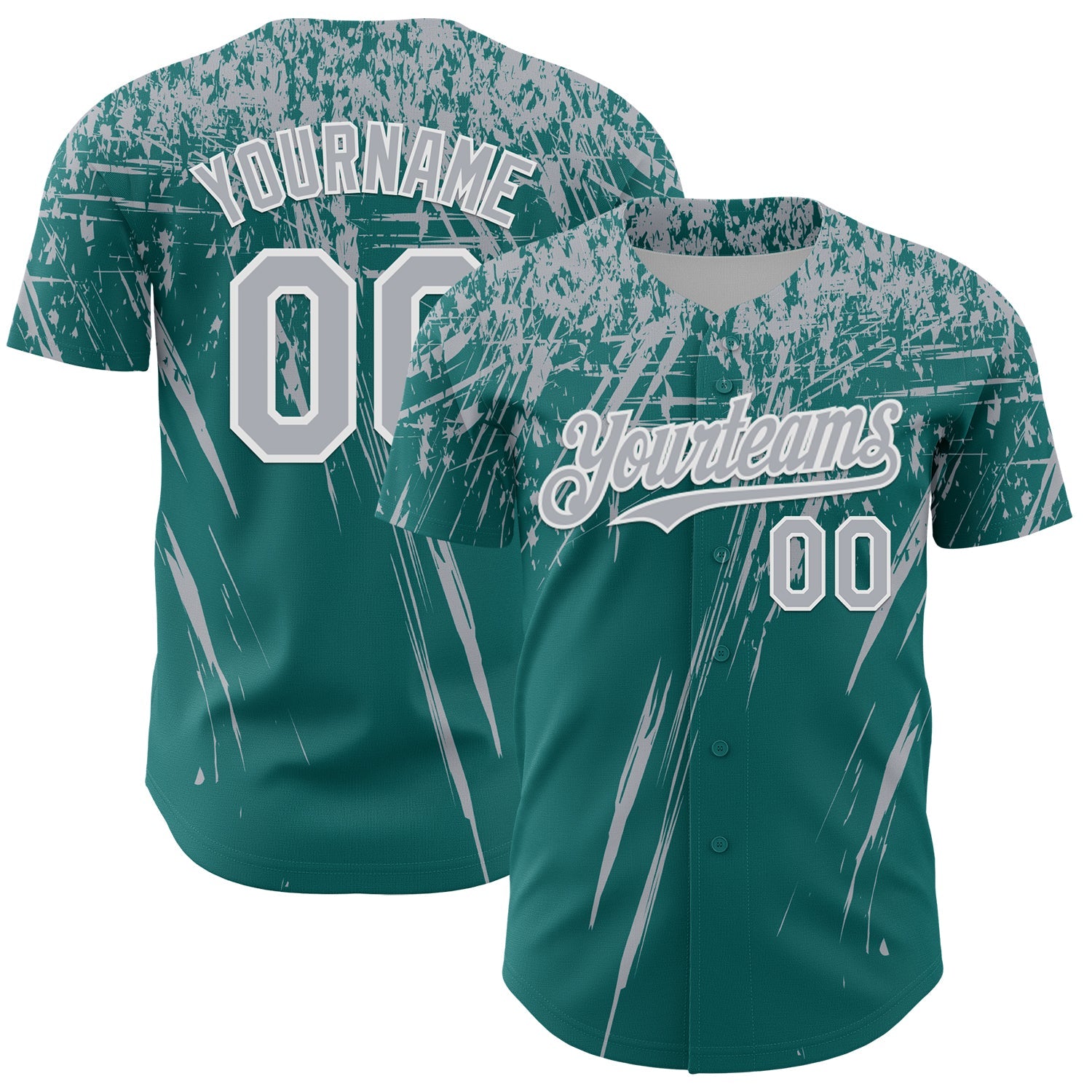 Custom Teal Gray-White Distressed Scratch Brush Stroke Authentic Baseball Jersey - Main View