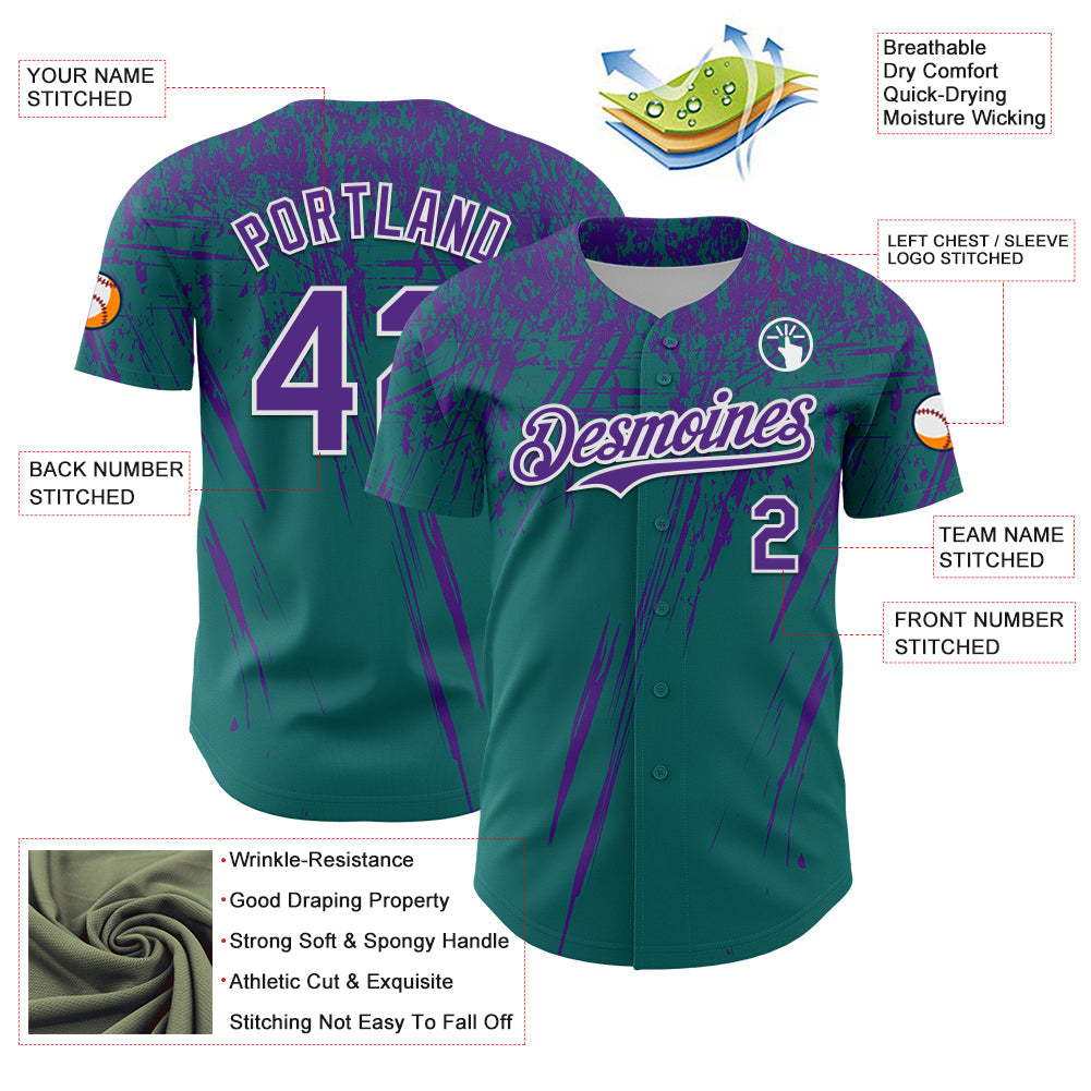 Custom Teal Purple-White Distressed Scratch Brush Stroke Authentic Baseball Jersey view 3