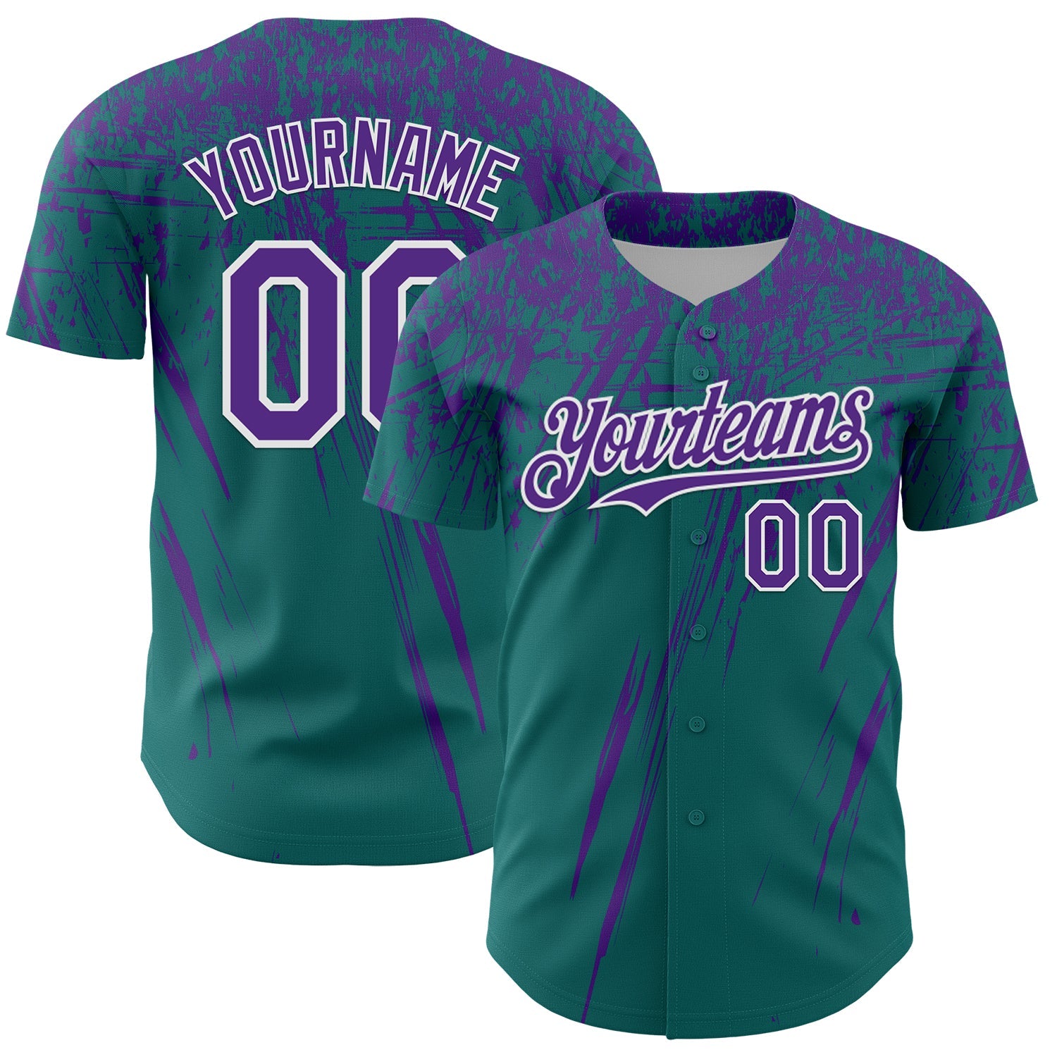 Custom Teal Purple-White Distressed Scratch Brush Stroke Authentic Baseball Jersey - Main View
