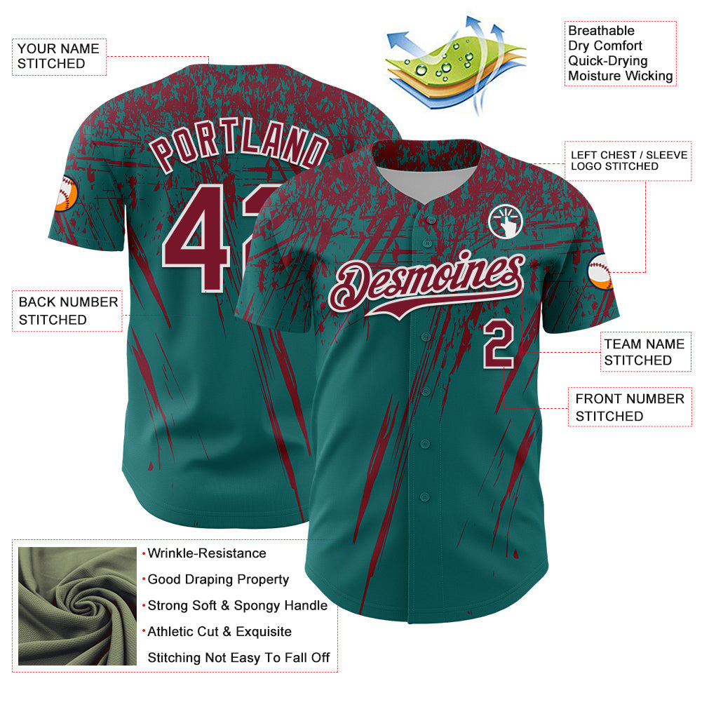 Custom Teal Crimson-White Distressed Scratch Brush Stroke Authentic Baseball Jersey view 3