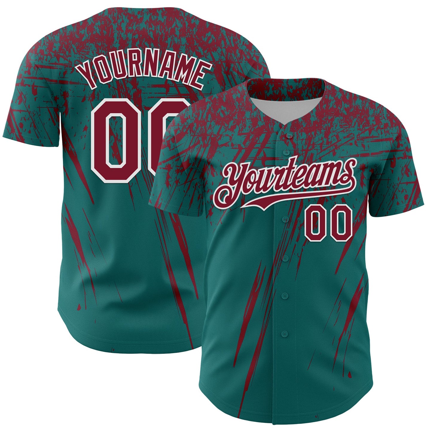 Custom Teal Crimson-White Distressed Scratch Brush Stroke Authentic Baseball Jersey - Main View